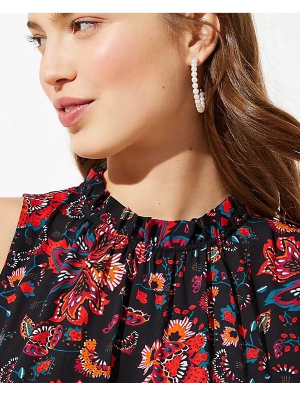 LOFT Bloom Peplum Shell Floral Sleeveless Ruffle Mock Neck Blouse Approx. Size M - Picture 2 of 14